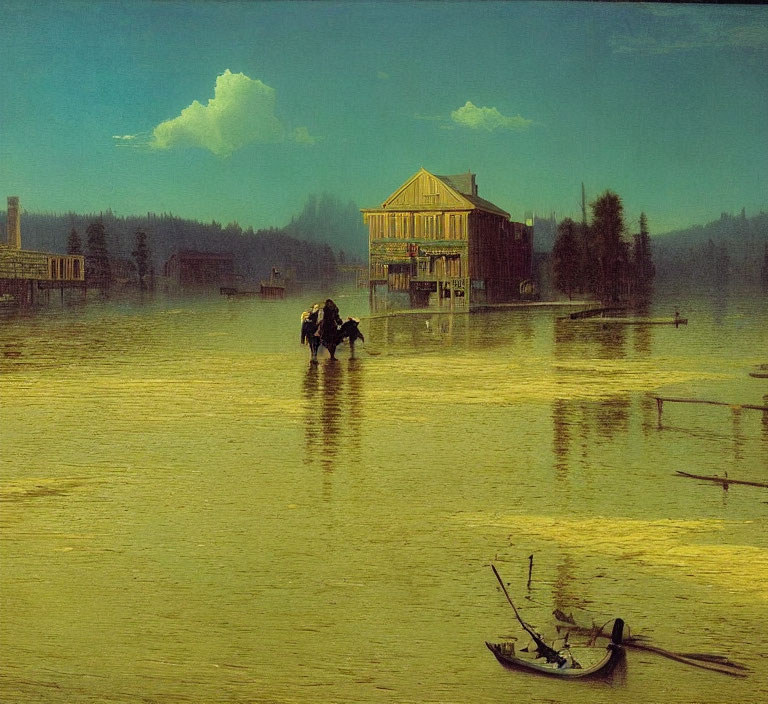 Person on horseback crossing flooded street in rustic, sunlit landscape.