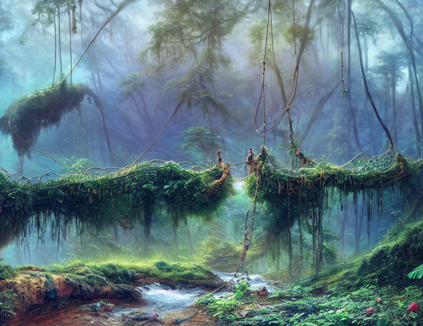 Lush greenery and suspended bridge in mystical forest scene