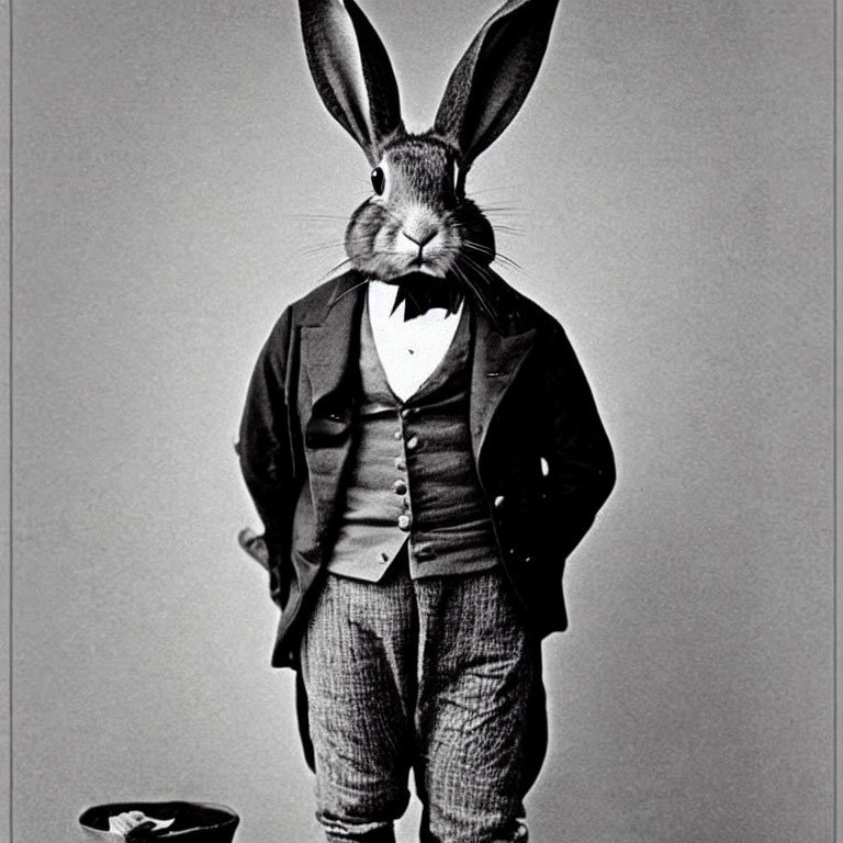 Monochrome image: person in suit with rabbit head and ears, holding top hat