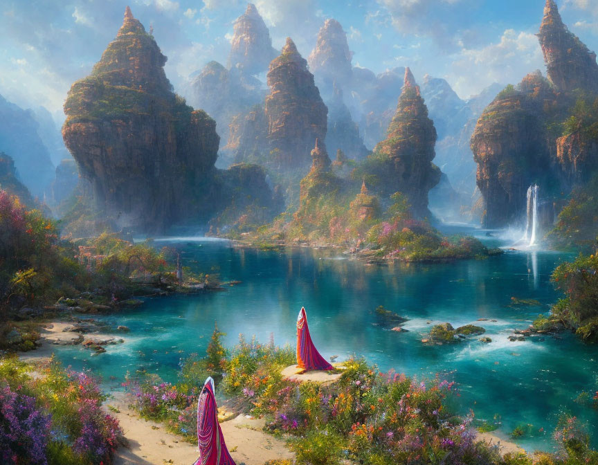 Fantasy landscape with rock formations, flora, waterfalls, and blue river