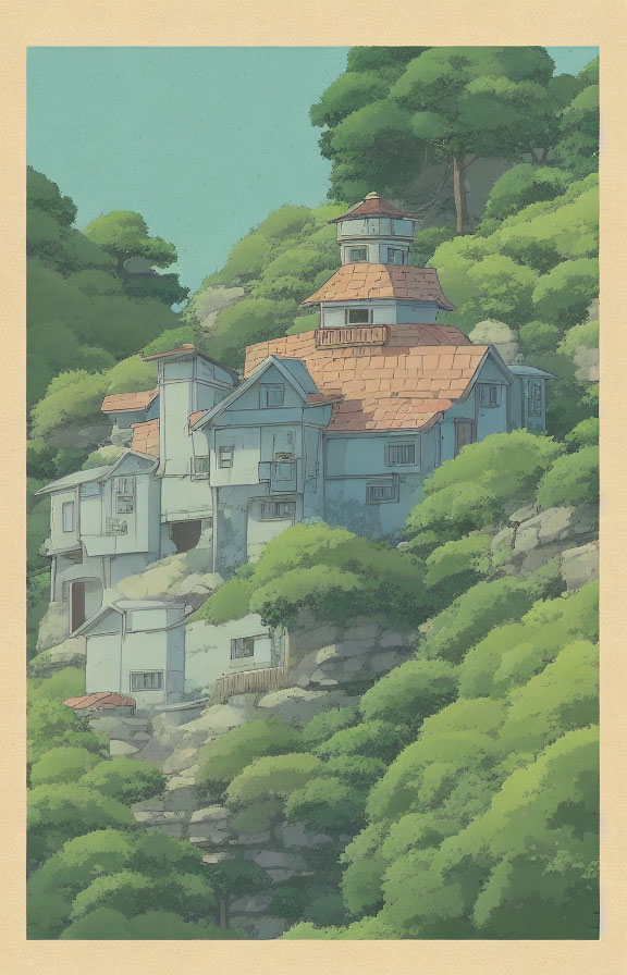 Tranquil illustration of a quaint multi-level house in lush hillside setting