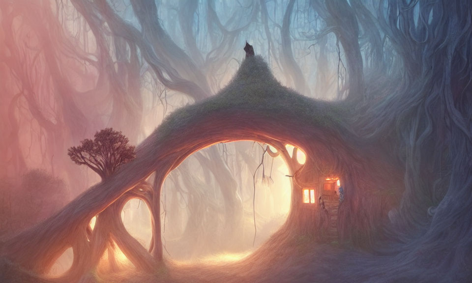 Ethereal fantasy landscape with glowing portal in misty forest