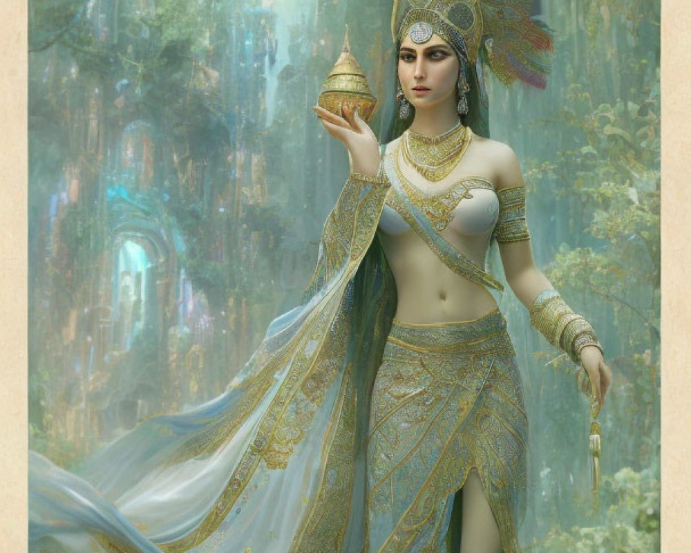 Fantasy figure in ornate golden attire with headdress in mystical forest setting