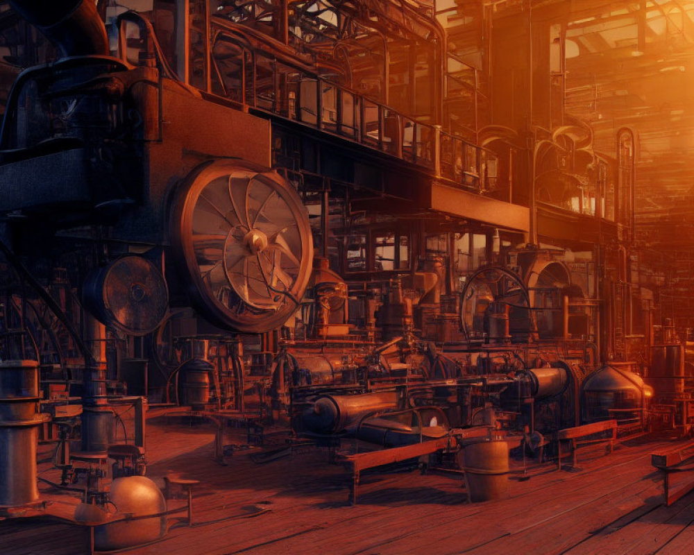 Vintage machinery and pipes in warm-lit factory interior