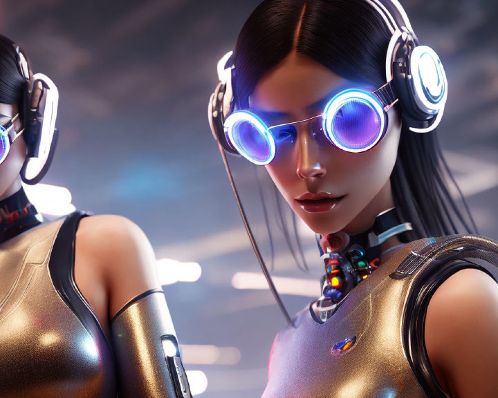 Futuristic females in glowing headphones and sunglasses in neon-lit setting