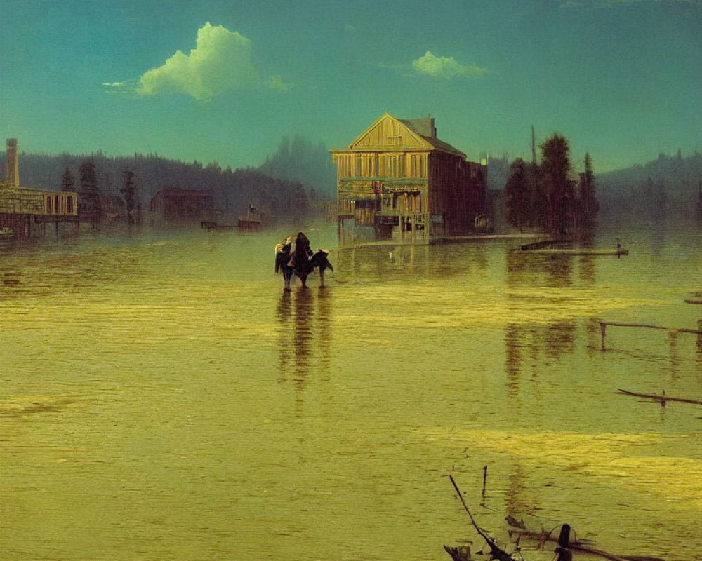 Person on horseback crossing flooded street in rustic, sunlit landscape.