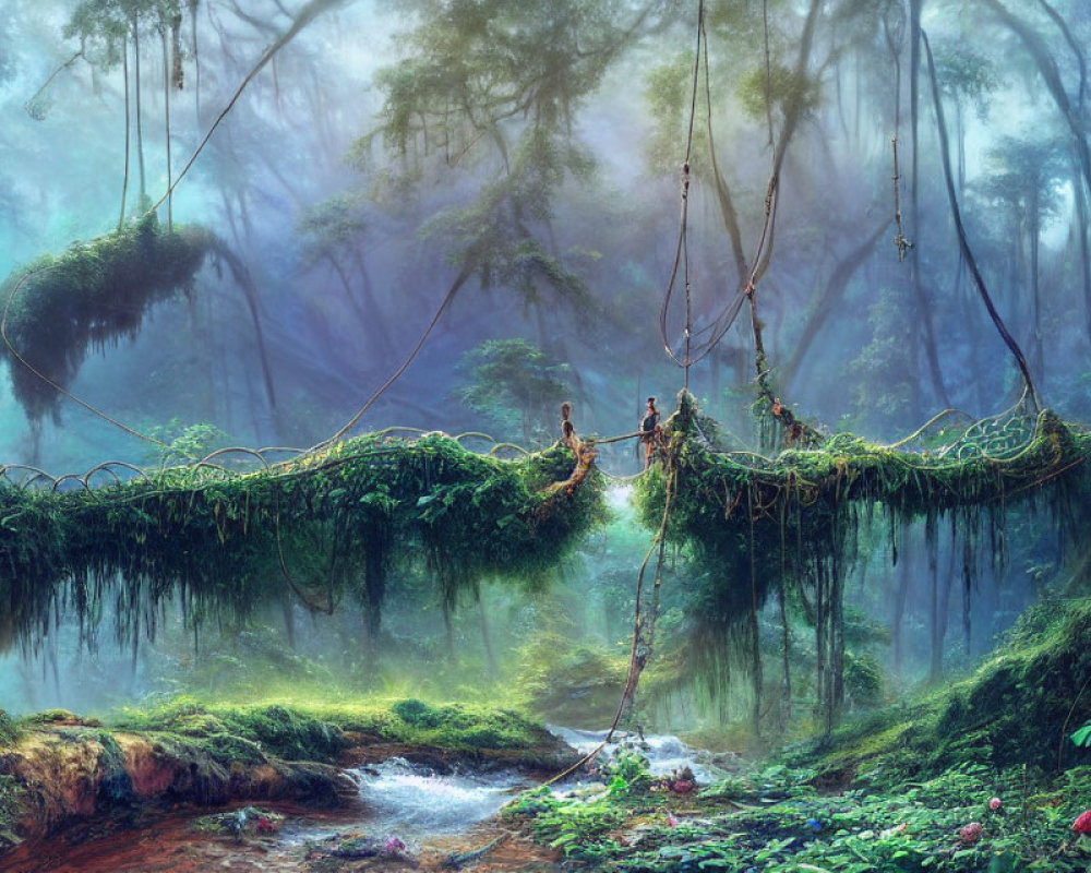 Lush greenery and suspended bridge in mystical forest scene