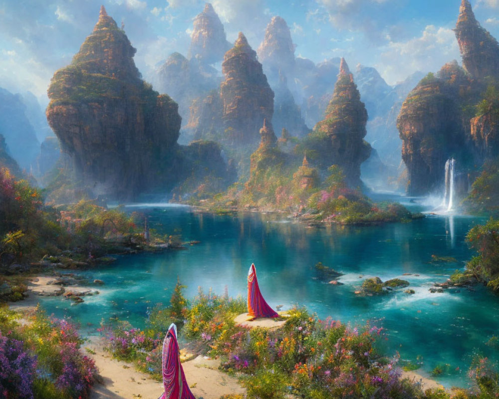 Fantasy landscape with rock formations, flora, waterfalls, and blue river