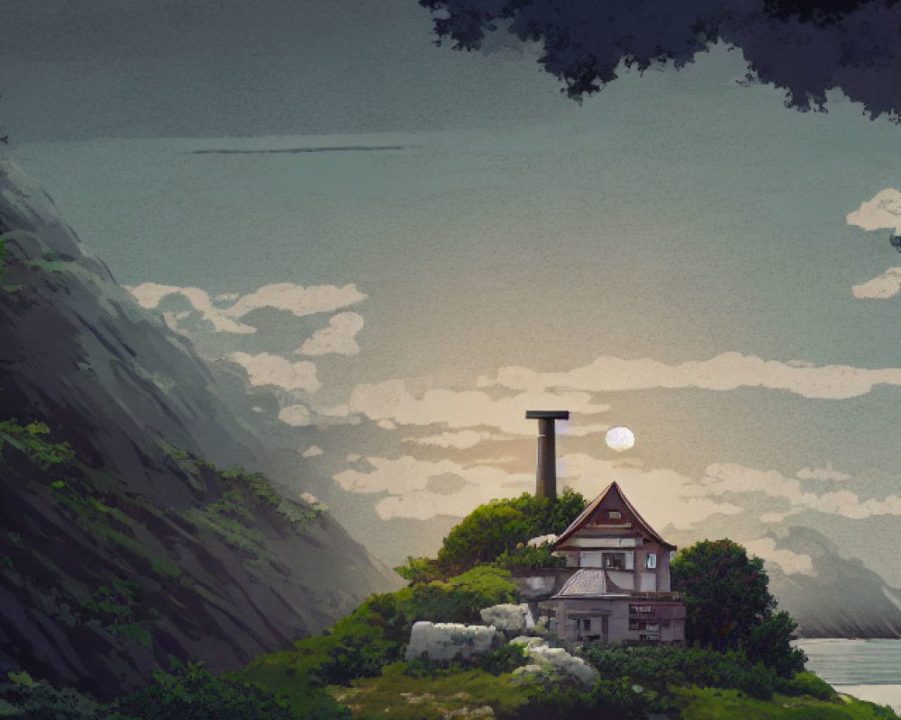 Rural house with chimney surrounded by nature and water under sunset sky