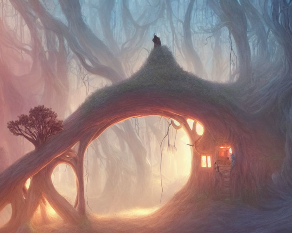 Ethereal fantasy landscape with glowing portal in misty forest