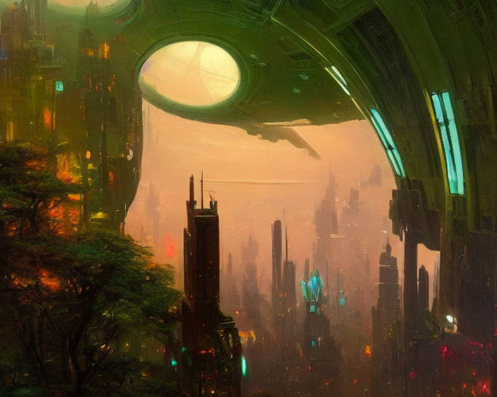 Futuristic cityscape with skyscrapers and greenery under warm light