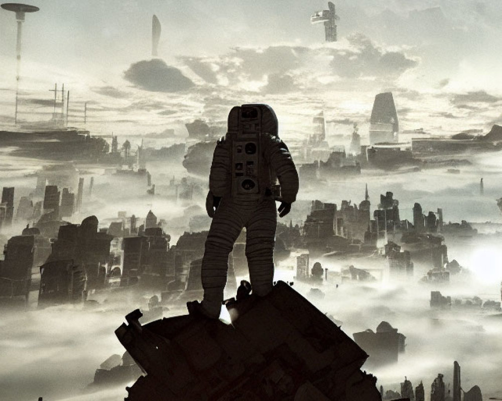 Astronaut overlooking dystopian cityscape with futuristic structures