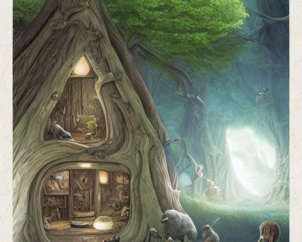 Illustration of Cozy Treehouse with Glowing Interior and Forest Creatures