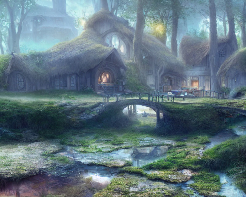 Mystical forest scene with cottages, stone bridge, and foggy ambiance.