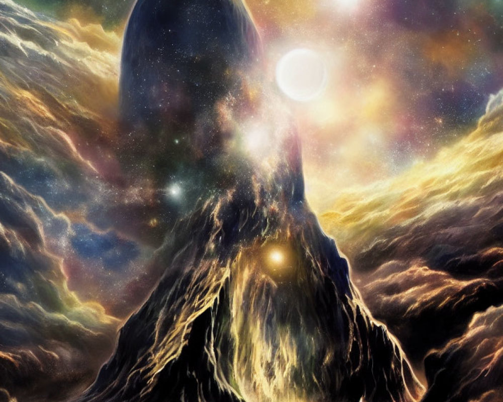 Majestic mountain peak in cosmic starry nebula landscape