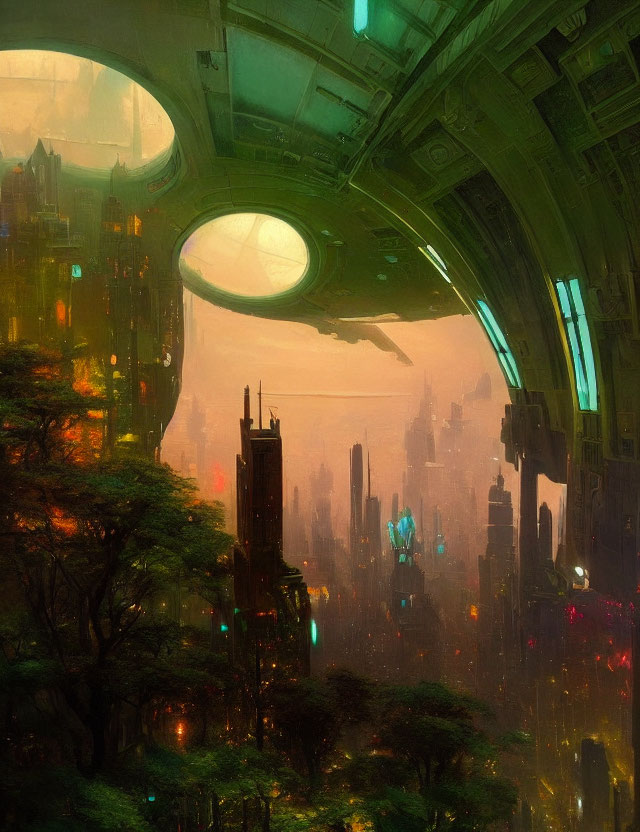 Futuristic cityscape with skyscrapers and greenery under warm light