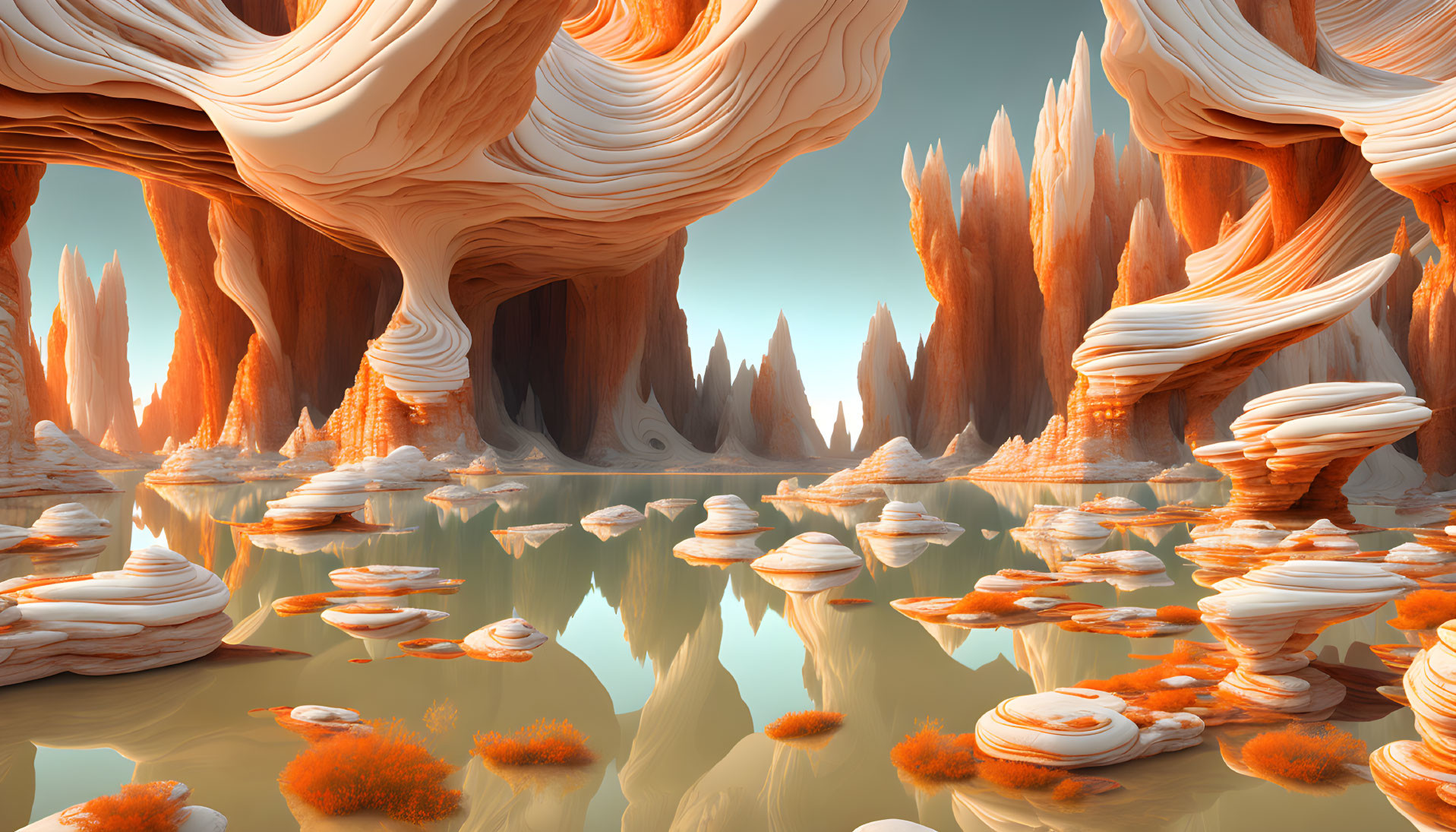 Surreal landscape with orange and white rock formations reflected in water