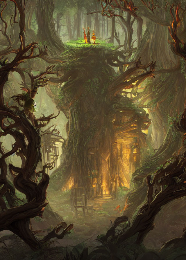 Mystical forest scene with glowing doorway, twisted trees, and figures on platform