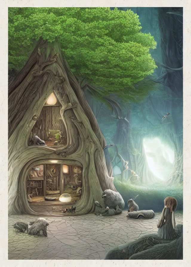 Illustration of Cozy Treehouse with Glowing Interior and Forest Creatures