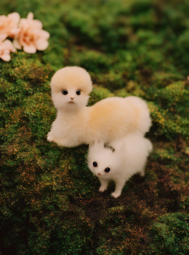 Yellow and White Fluffy Toy Cat with Mini Version on Mossy Green Background