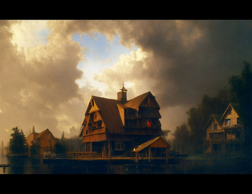 Rustic wooden houses by serene lakeside under dramatic sky