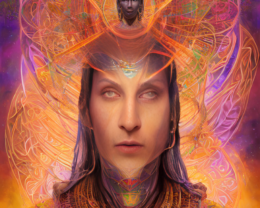 Colorful psychedelic portrait with intricate patterns and spectral figure above head