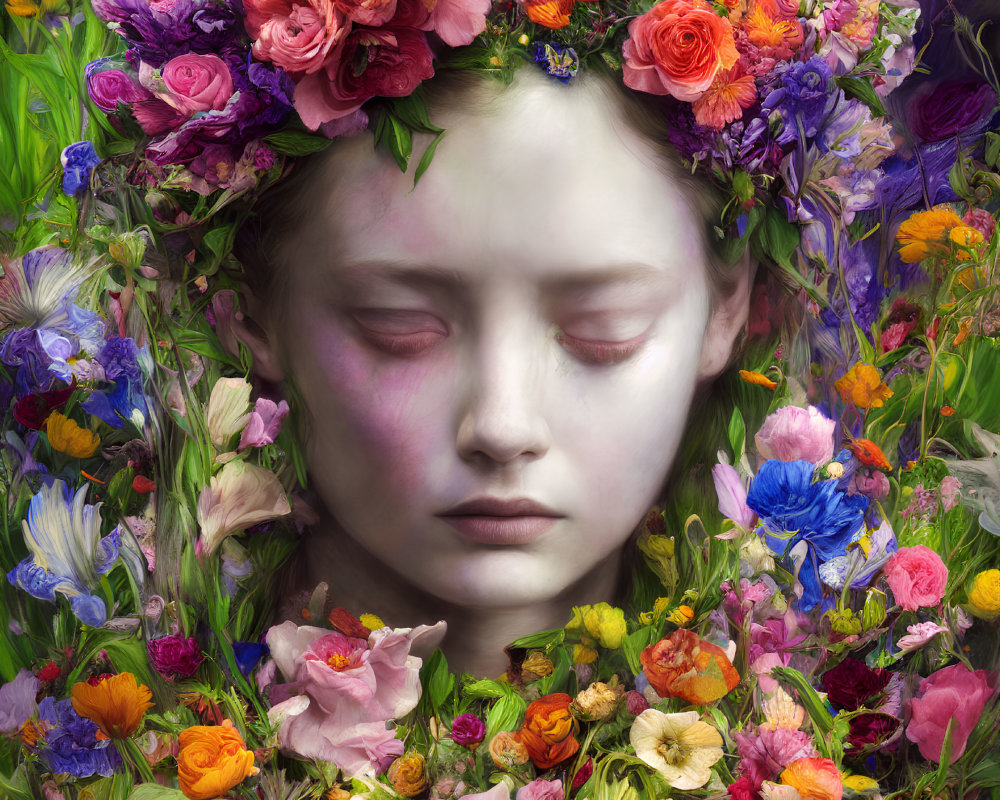 Person with Closed Eyes Surrounded by Vibrant Flowers