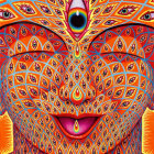 Colorful psychedelic portrait with intricate patterns and spectral figure above head