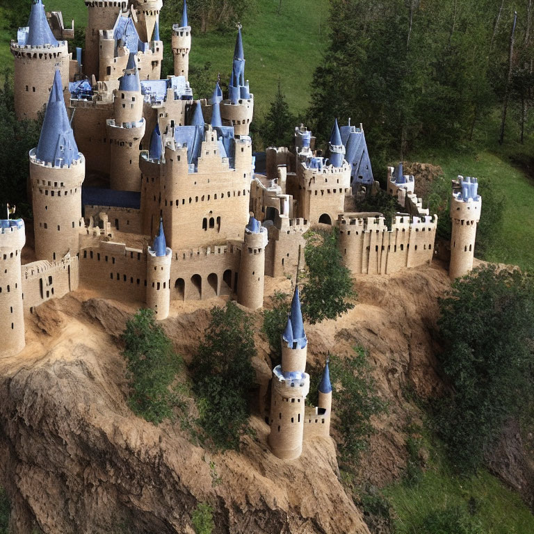 Detailed sandcastle with medieval fortress design against green grass