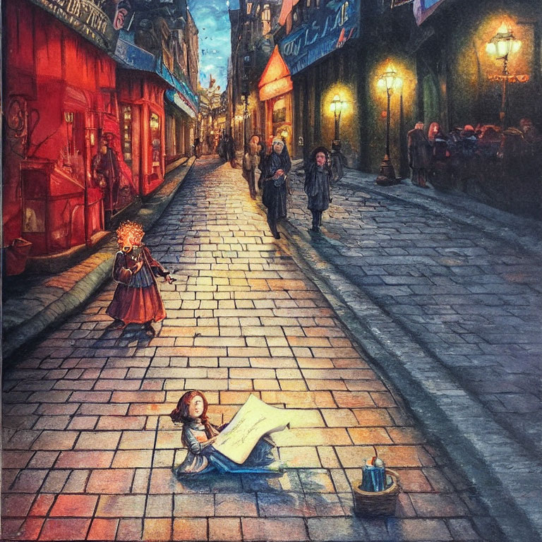 Young girl reading giant book on cobblestone street at twilight