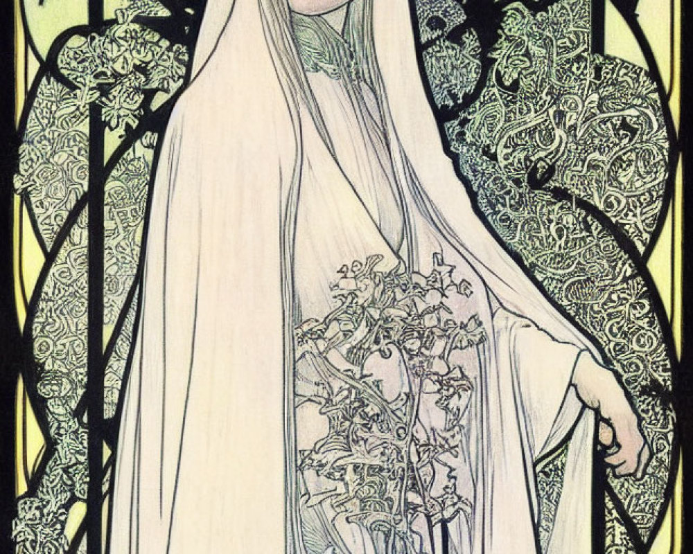 Ethereal woman in flowing robes with bouquet, Art Nouveau style