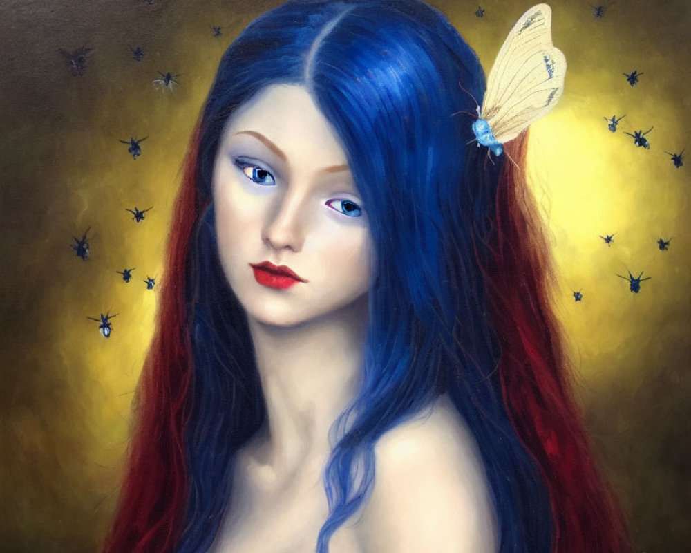 Portrait of Woman with Blue and Red Hair and Butterfly Hairpin in Golden Setting