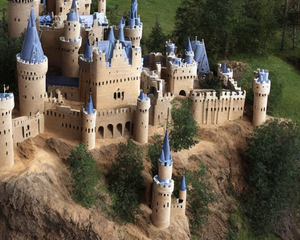 Detailed sandcastle with medieval fortress design against green grass