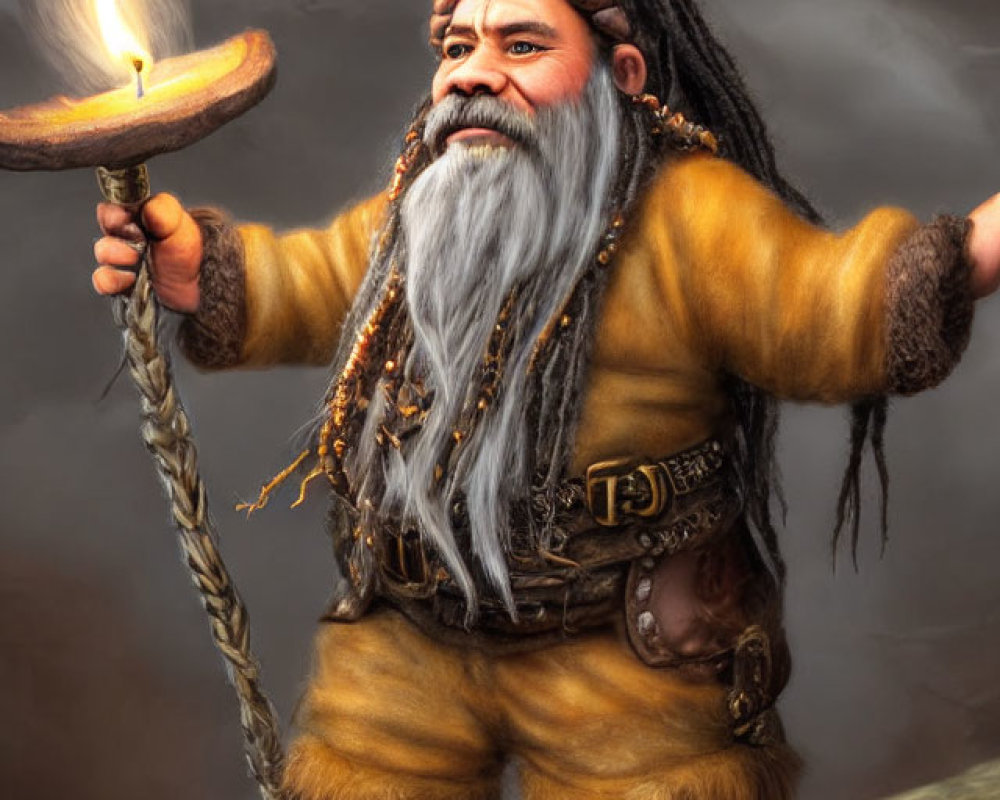 Fantasy dwarf illustration with braided beard, candle, fur tunic on rocky outcrop