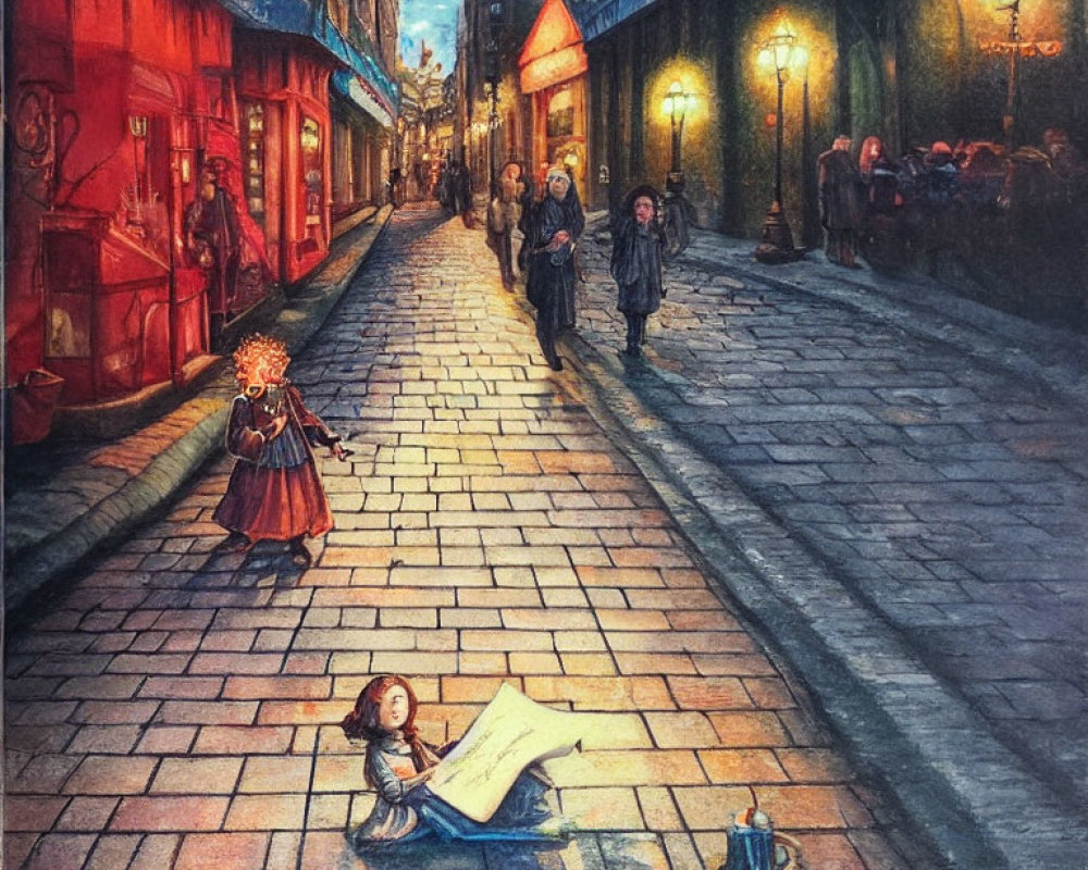 Young girl reading giant book on cobblestone street at twilight