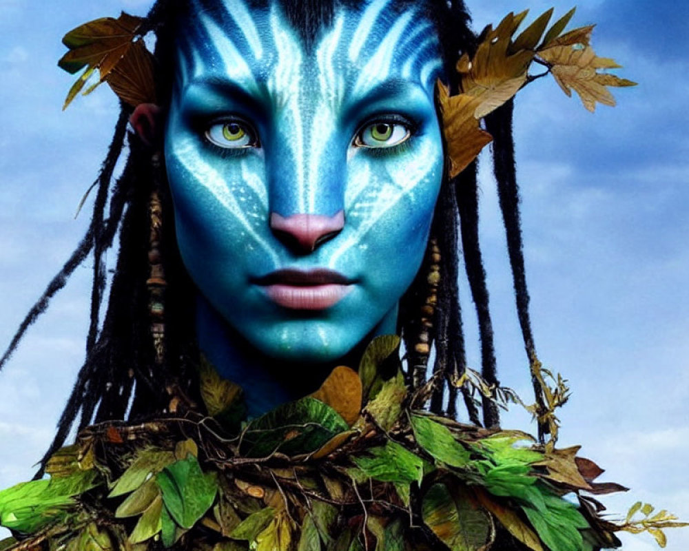 Blue-skinned character with cat-like eyes and tribal markings wearing a crown of leaves.