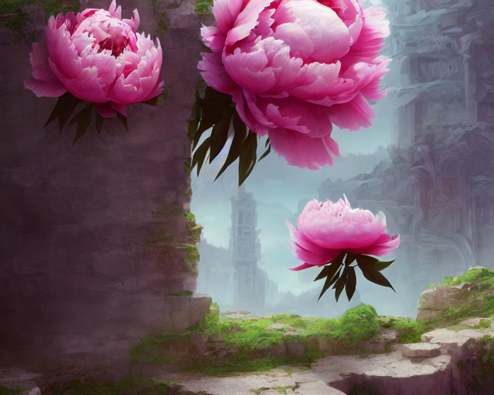 Vibrant Pink Peonies Above Moss-Covered Ruins in Misty Landscape