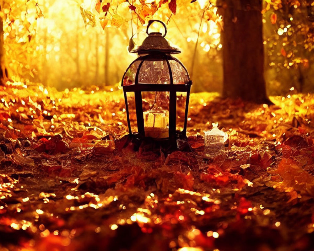 Vintage Lantern Illuminated on Autumn Leaves in Fall Forest at Dusk