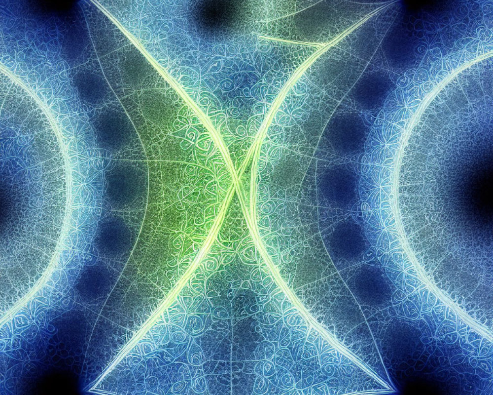 Vibrant green X-shape fractal on textured blue background