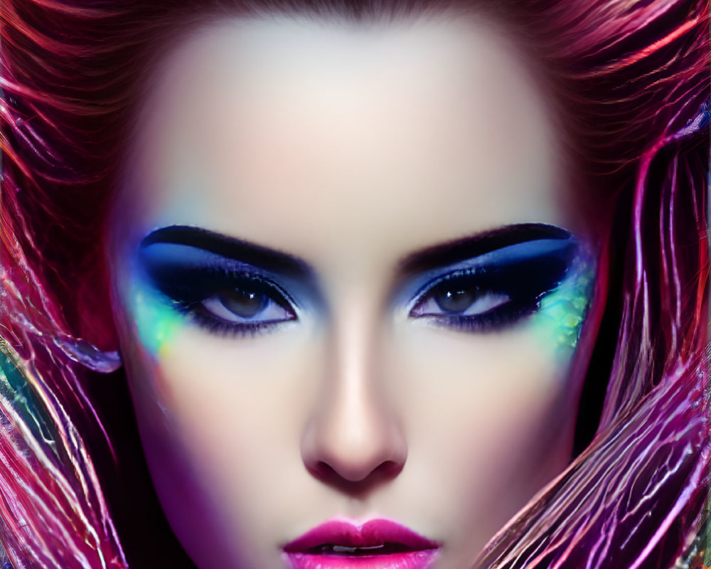 Portrait of Woman with Vibrant Makeup: Blue Eyeshadow, Pink Lipstick, Red Hair