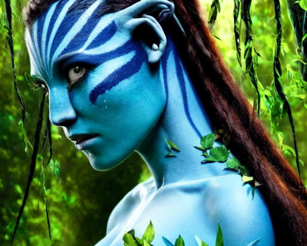 Blue-skinned humanoid alien with white stripes in lush greenery