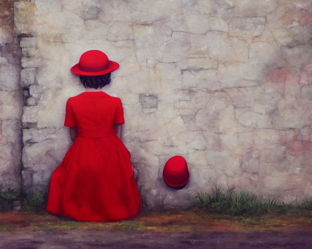 Woman in Red Dress and Hat Sitting Against Textured Wall