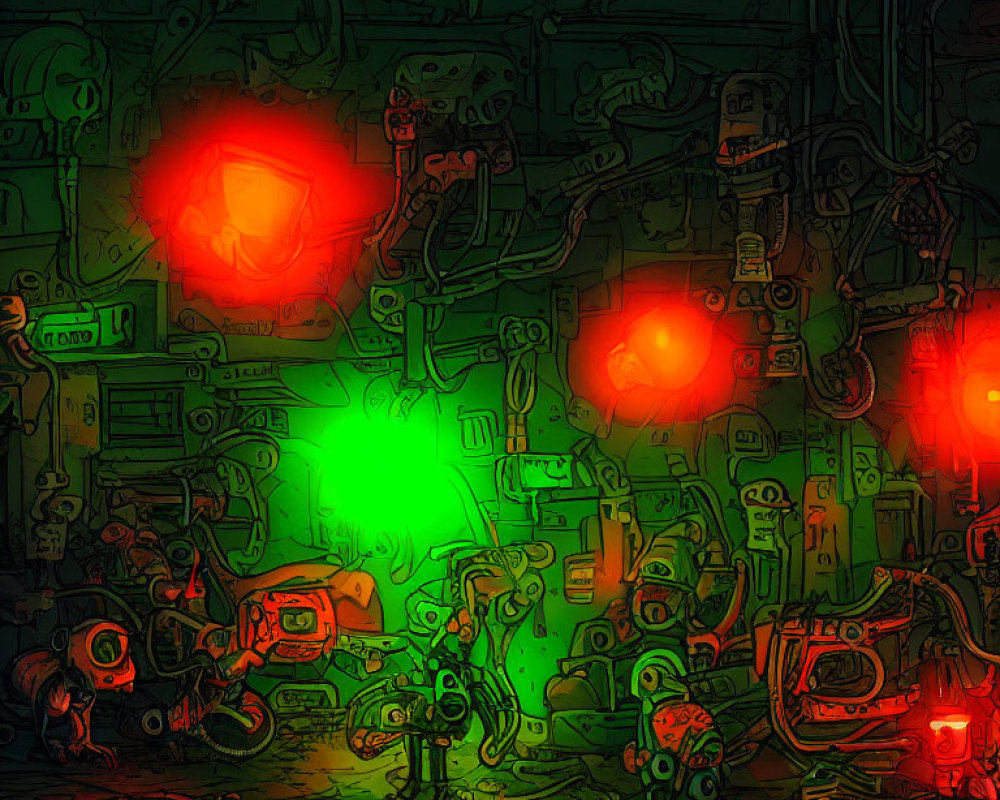 Stylized neon-lit mechanical room with intricate machines and glowing lights