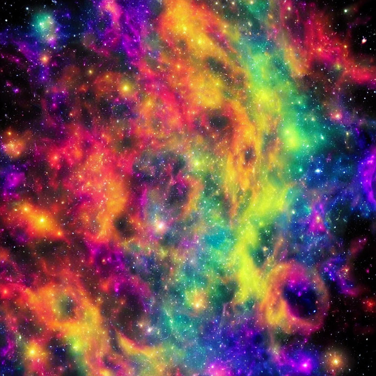 Colorful cosmic scene with nebulous clouds and star fields in blue, purple, yellow, and red