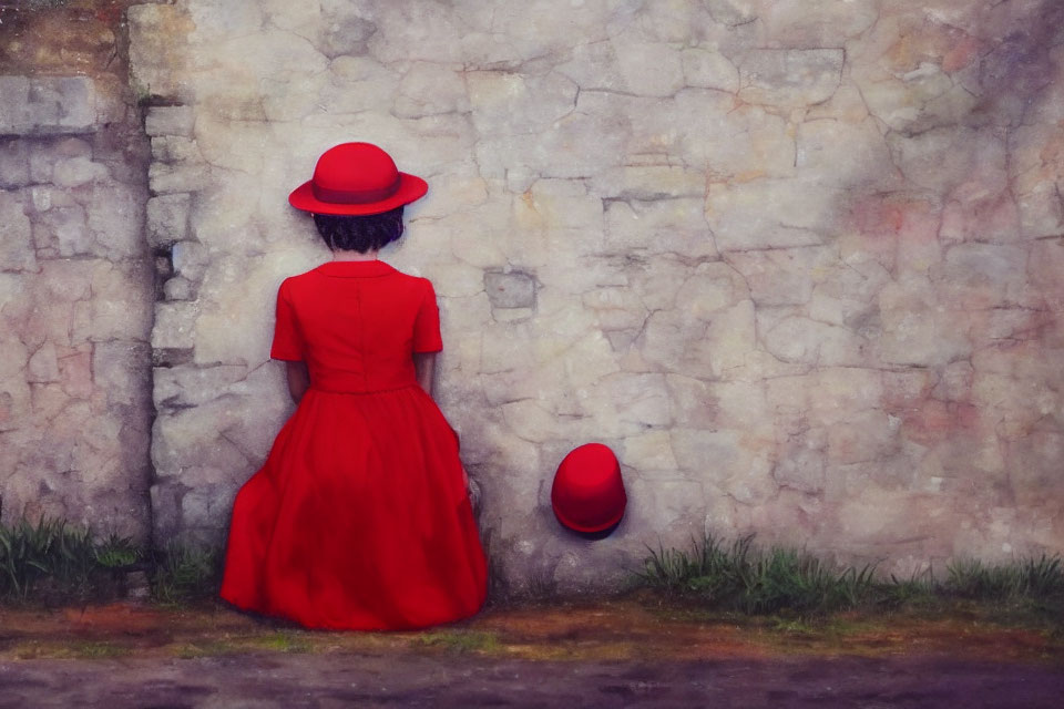 Woman in Red Dress and Hat Sitting Against Textured Wall