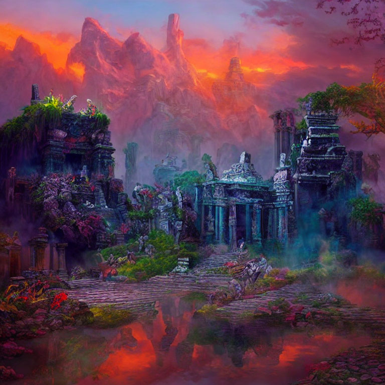 Ethereal landscape with ancient ruins, lush vegetation, mist, vibrant sunset sky, towering mountains.