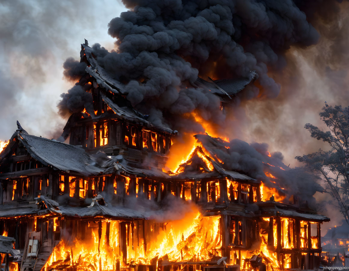 Traditional wooden building ablaze with thick black smoke.