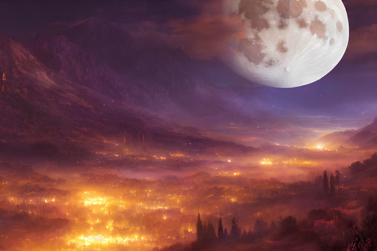 Misty mountains and glowing valley under large moon in fantasy landscape