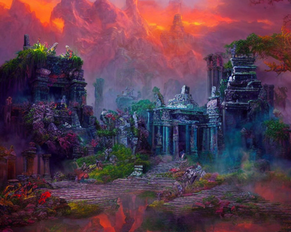 Ethereal landscape with ancient ruins, lush vegetation, mist, vibrant sunset sky, towering mountains.