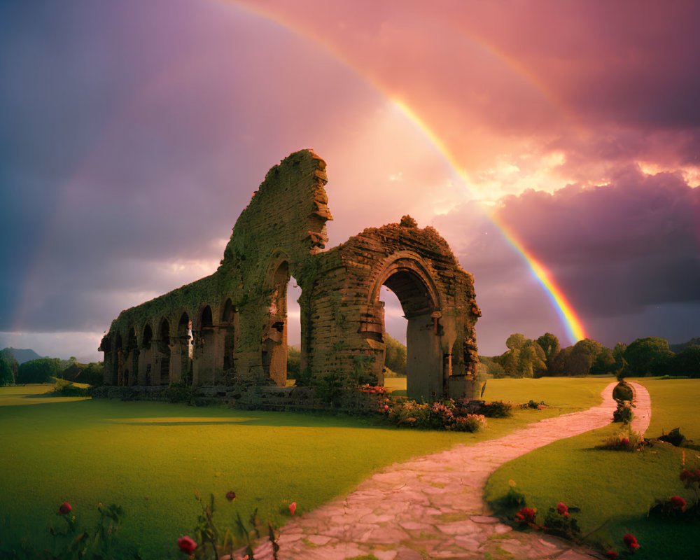 Ancient stone ruins with arches under dramatic sky and rainbow in lush green landscape